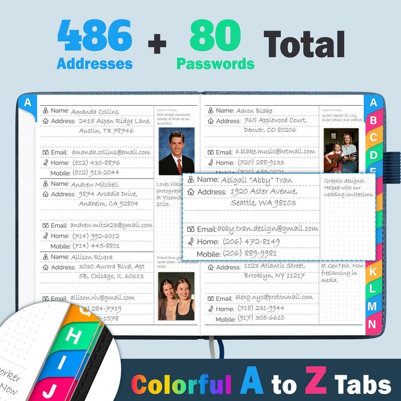 Witsbrez Address Book with Colorful Alphabetical Tabs, 4.7" X 6.2" Hardcover Address and Phone Number Book for Record Contacts, Telephone Address and Password Book Combo for Seniors (Denim Blue) - Image 2